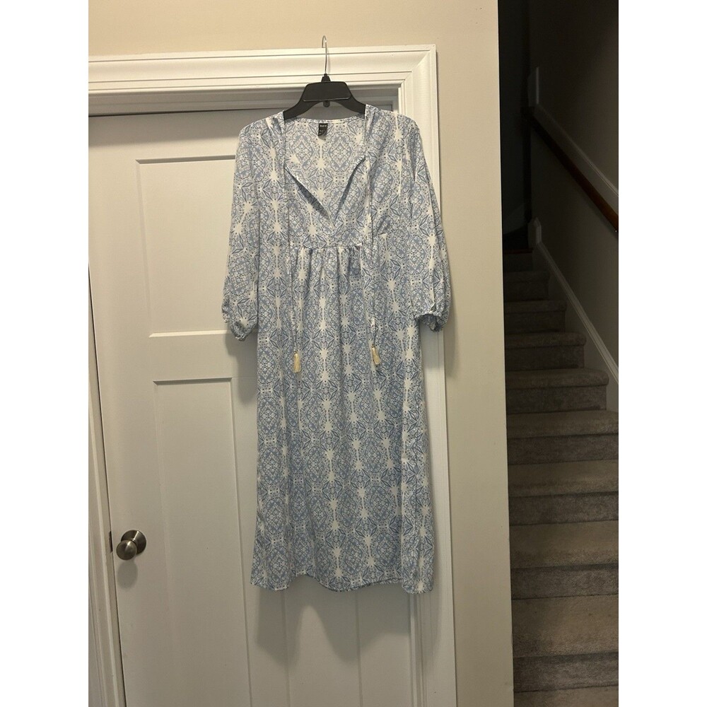 WOMEN'S BLUE & WHITE PRINT EMPIRE WAIST CASUAL PULLOVER LIGHTWEIGHT DRESS SZ LG
